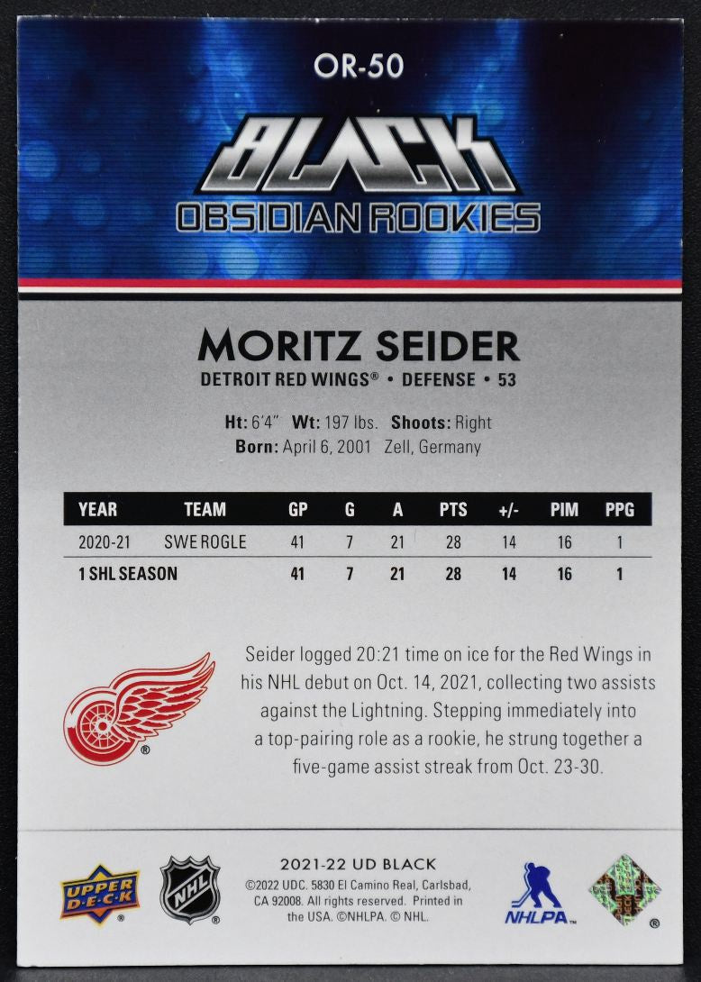 2021-22 UD Black Obsidian Rookies Moritz Seider OR-50 Red Wings RC 046/349 2158