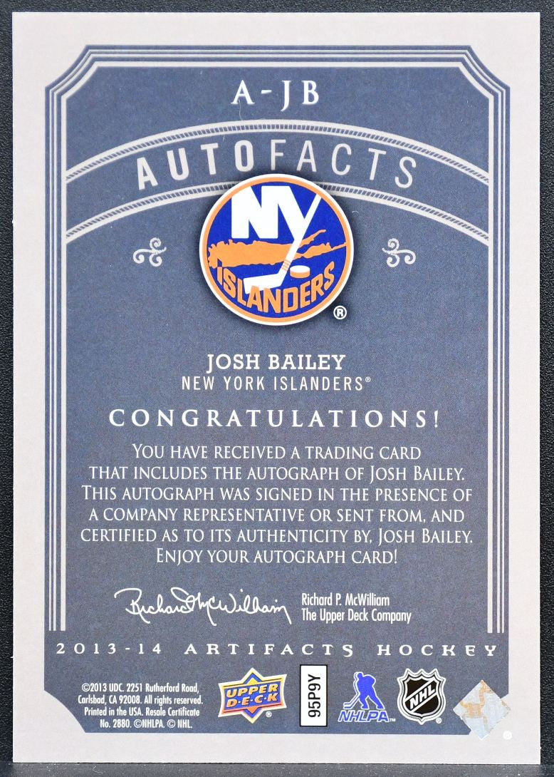 2013-14 Upper Deck Artifacts Autofacts Josh Bailey A-JB Islanders Auto 7945