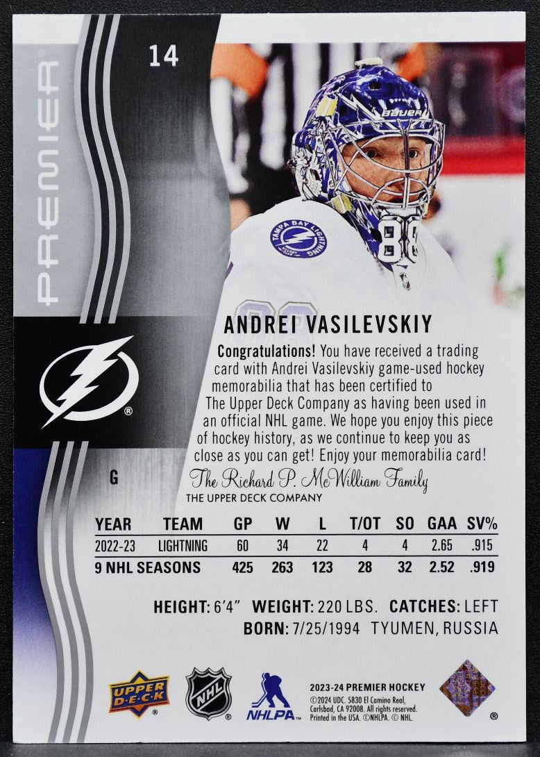 2023-24 Upper Deck Premier Jersey Andrei Vasilevskiy 14 Lightning Jersey 6699