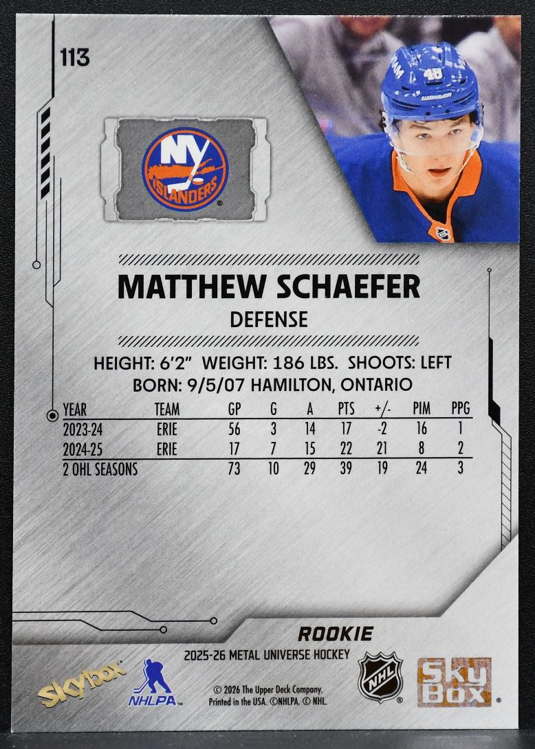 2025-26 SkyBox Metal Universe Rookie Matthew Schaefer New York Islanders RC 1884