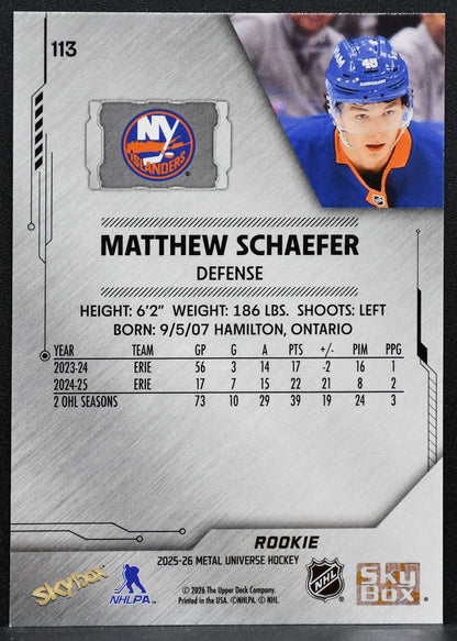 2025-26 SkyBox Metal Universe Rookie Matthew Schaefer New York Islanders RC 1884
