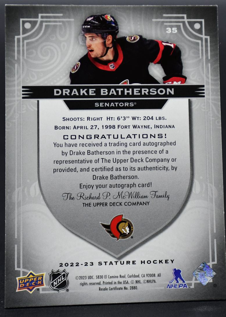 2022-23 UD Stature Update - Auto Drake Batherson 35 Ottawa Senators Auto