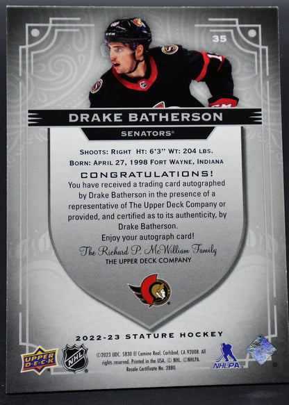 2022-23 UD Stature Update - Auto Drake Batherson 35 Ottawa Senators Auto