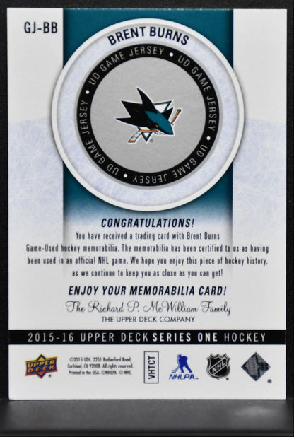 2015-16 Upper Deck Series 1 UD Game Jerseys Brent Burns GJ-BB Sharks Jersey 0918