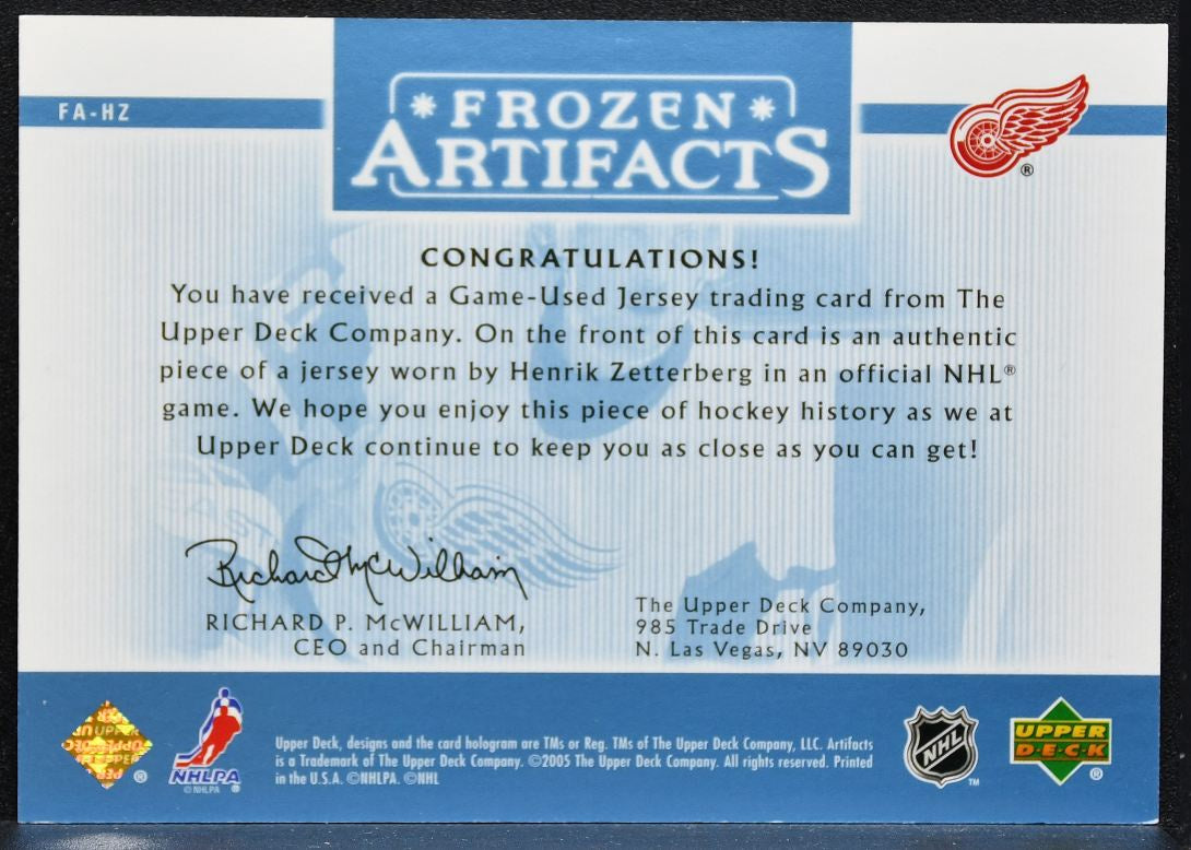 2005-06 UD Artifacts Frozen Henrik Zetterberg Red Wings 171/275 Jersey 9233