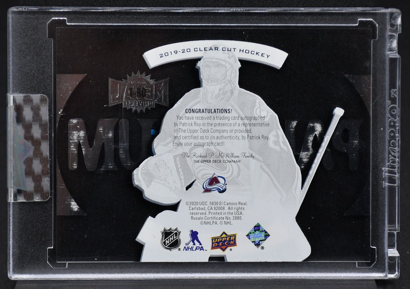 2019-20 UD Clear Cut Metal Palladium Patrick Roy SC-PR Colorado Avalanche Auto
