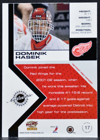 2002-03 Pacific Jerseys Dominik Hasek 17 Detroit Red Wings Jersey 8727