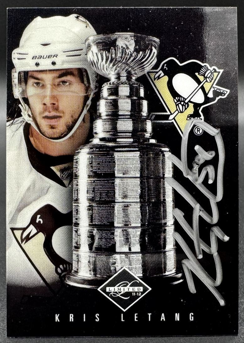 Carte autographiée Kristopher Letang, vainqueur de la Coupe Stanley, édition limitée Panini 2011-2012, numéro 99.