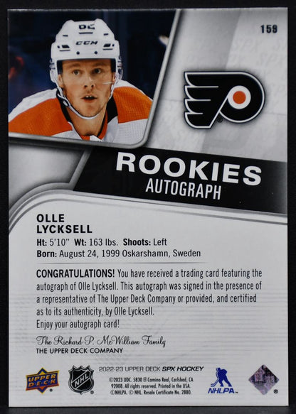 2022-23 SPx Rookies Autograph Olle Lycksell 159 Philadelphia Flyers RC Auto 5587