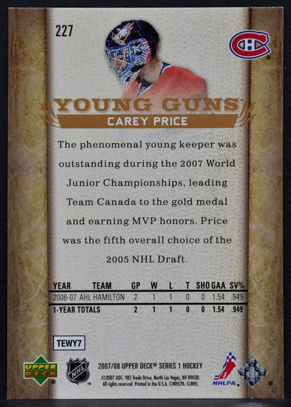 2007-08 Upper Deck Series 1 Young Guns Carey Price 227 RC 1456