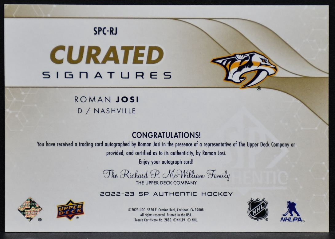 2022-23 SP Authentic Curated Signatures Roman Josi SPC-RJ Nashville Auto /99