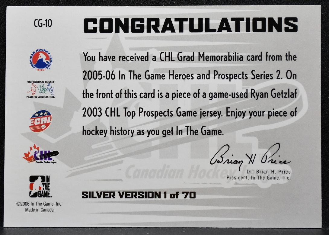 2005-06 In The Game Heroes and Prospects CHL Grads Ryan Getzlaf Jersey 8924
