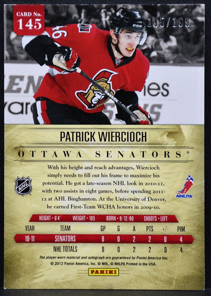 2011-12 Panini Prime Rookies Auto Jersey Wiercioch 145 RC Auto Jersey 3993