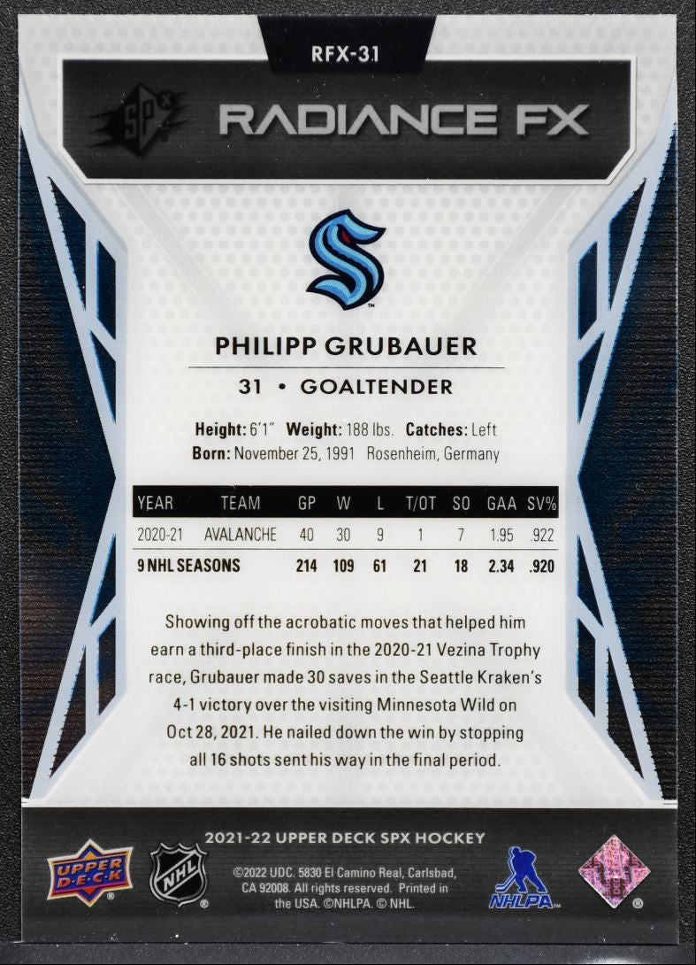 2021-22 SPx Radiance F/X Philipp Grubauer RFX-31 Seattle Kraken 2997