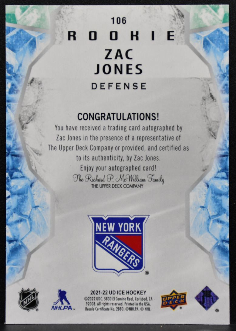2021-22 Upper Deck Ice Rookie Auto Zac Jones 106 New York Rangers RC Auto 3128