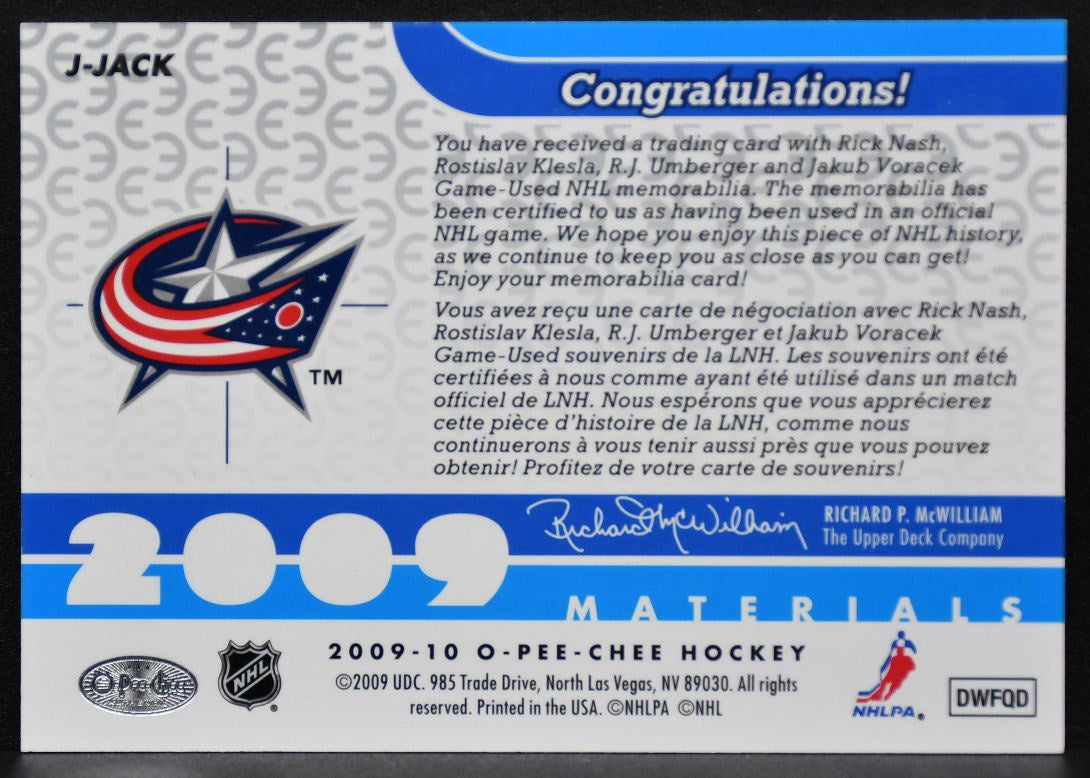 2009-10 OPC Materials Voracek/Umberger/Nash/Klesla Jersey 8364