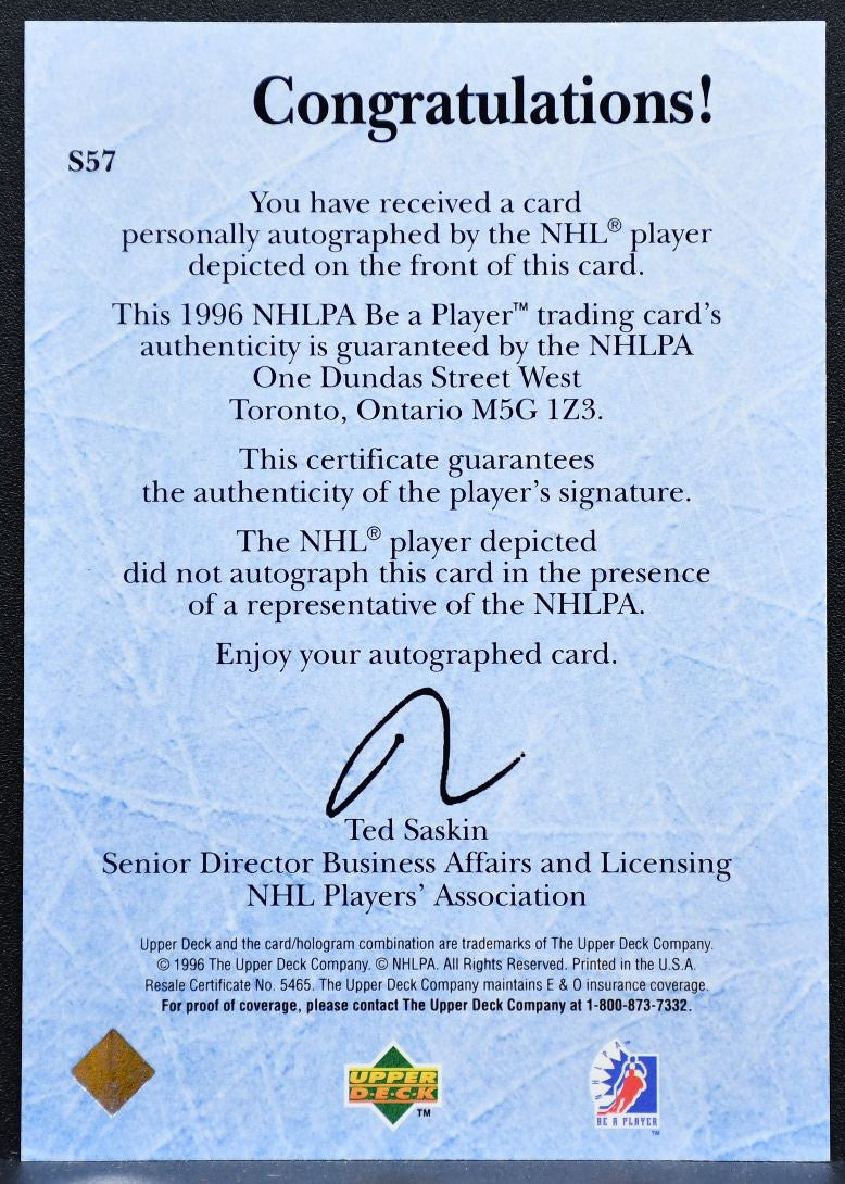 1996-97 Upper Deck Be A Player Autos Garth Snow Philadelphia Flyers Auto 9411