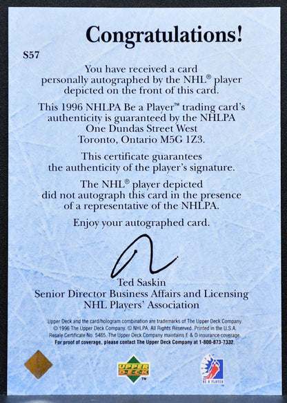 1996-97 Upper Deck Be A Player Autos Garth Snow Philadelphia Flyers Auto 9411