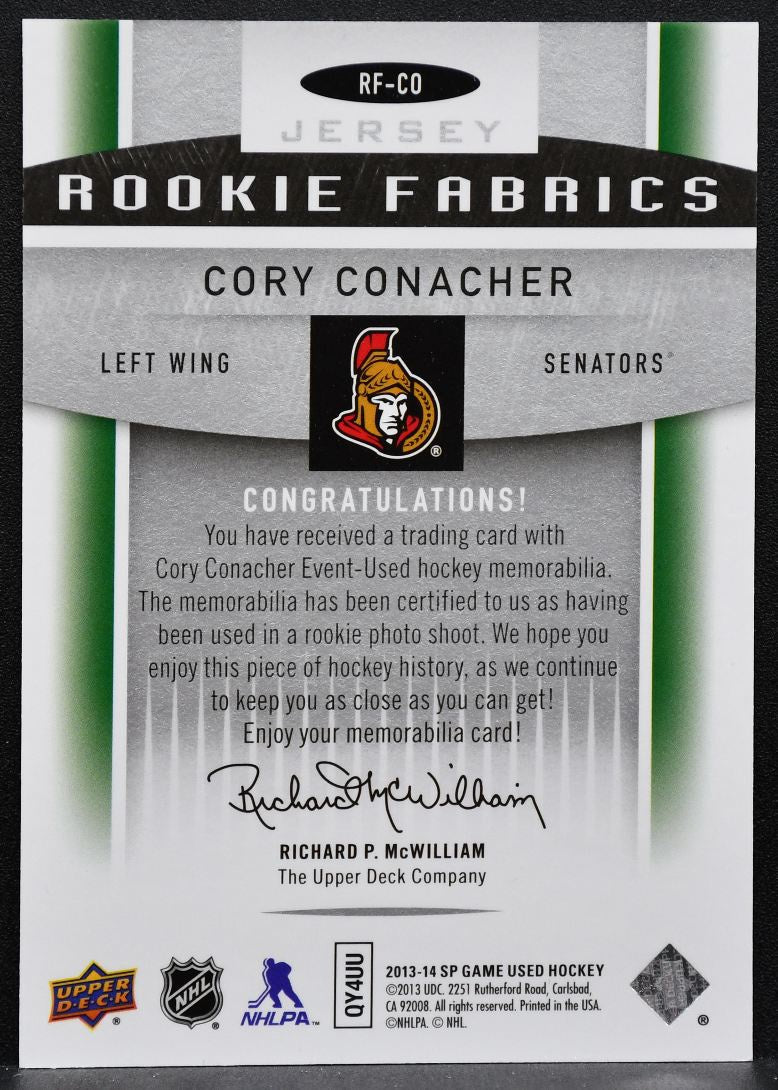 2013-14 SP Game Used Rookie Fabrics Cory Conacher RF-CO Senators RC Jersey 3759