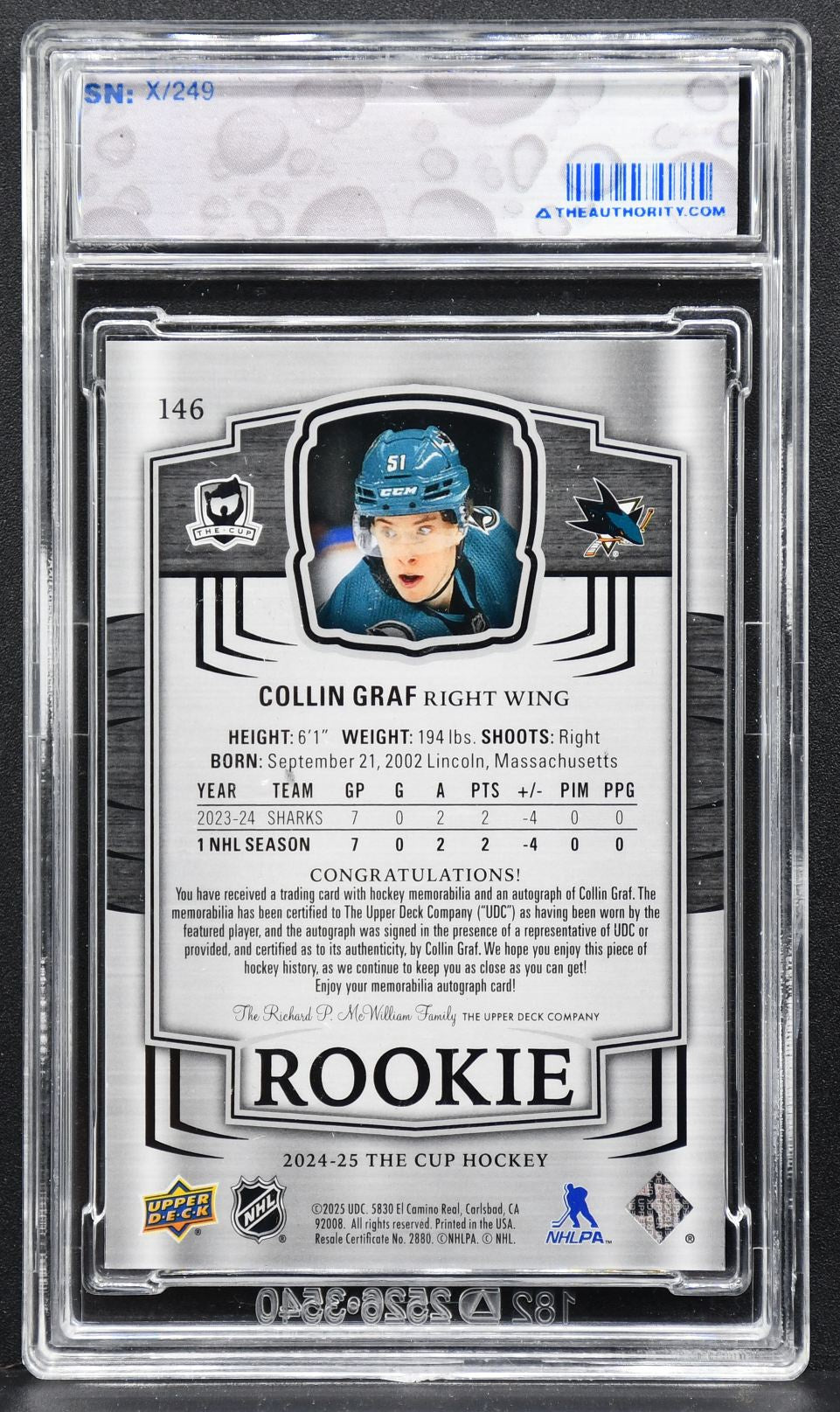 2024-25 UD The Cup Base Set Rookie Auto Patch Collin Graf 146 RC Auto Patch 2293