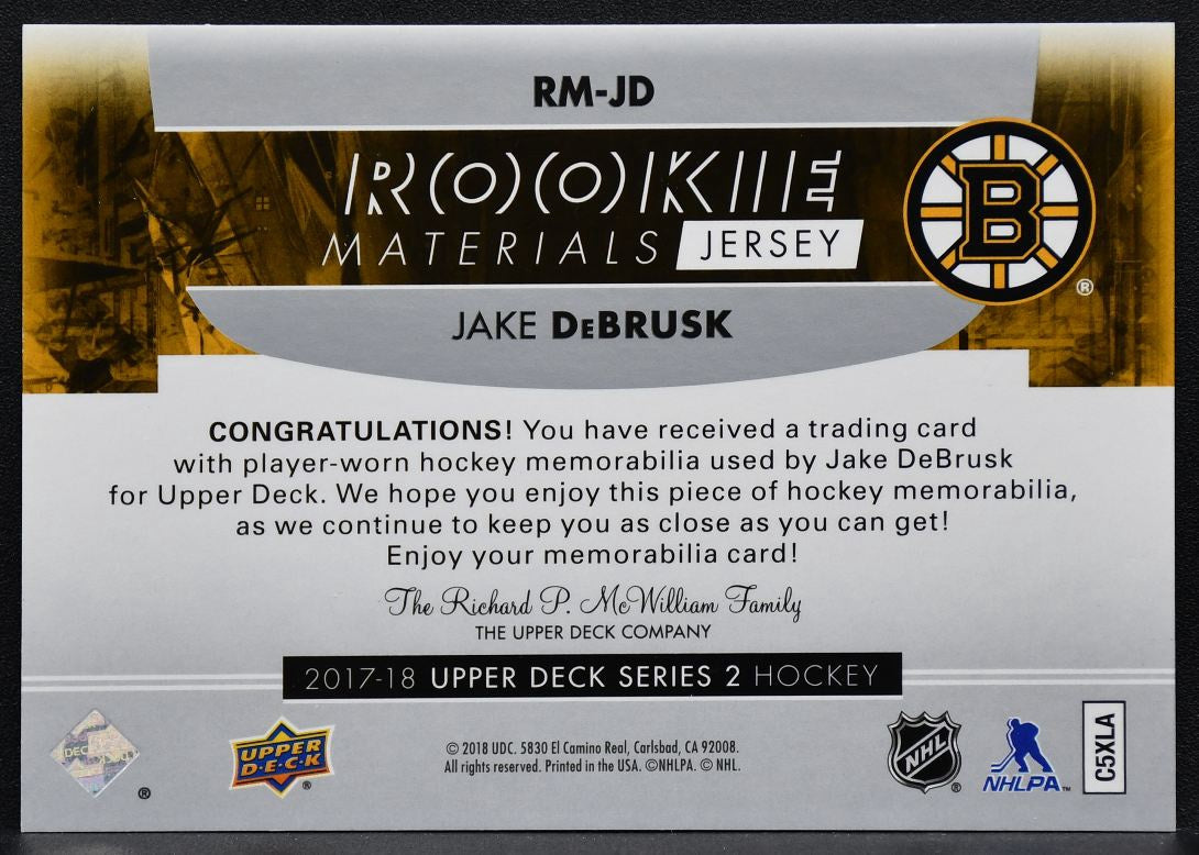 2017-18 UD Series 2 Rookie Materials Jake DeBrusk RM-JD Boston Bruins RC Jersey 3223