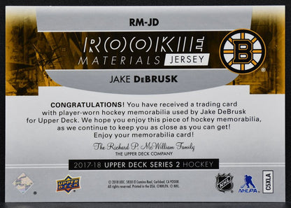2017-18 UD Series 2 Rookie Materials Jake DeBrusk RM-JD Boston Bruins RC Jersey 3223