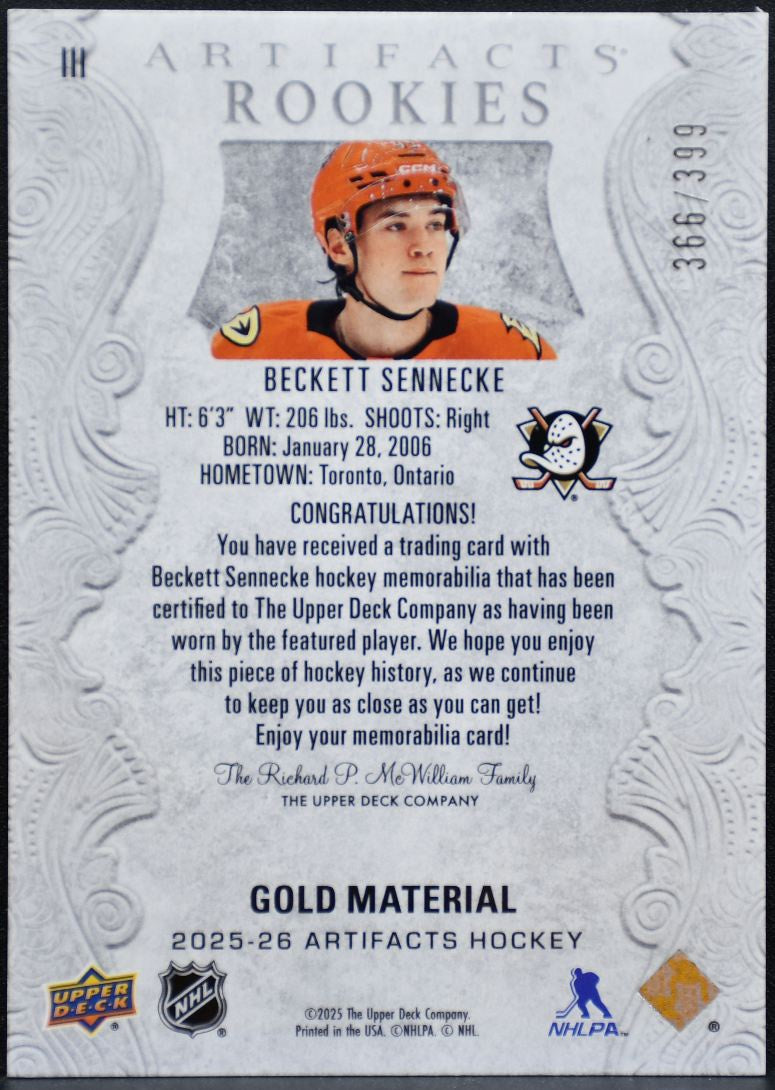 2025-26 UD Artifacts Rookies Jersey Gold Material Sennecke Ducks RC /399 5097