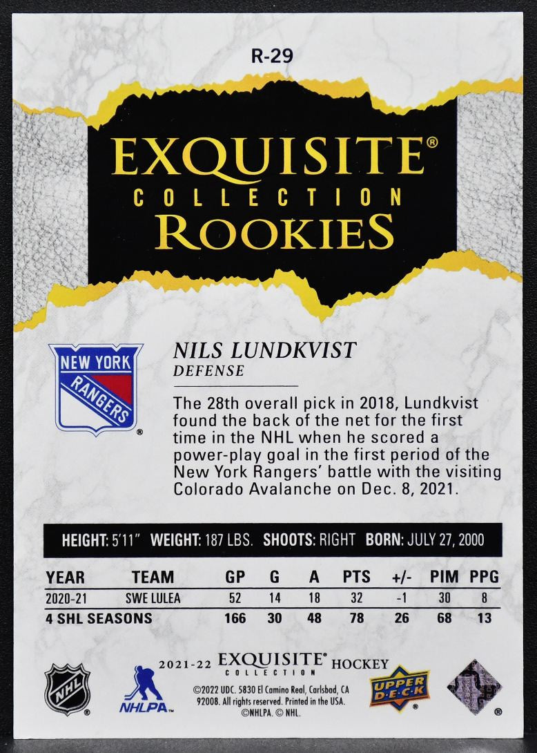 21-22 UD Ice Exquisite Collection RCs Nils Lundkvist R-29 Rangers RC 46/99 8235