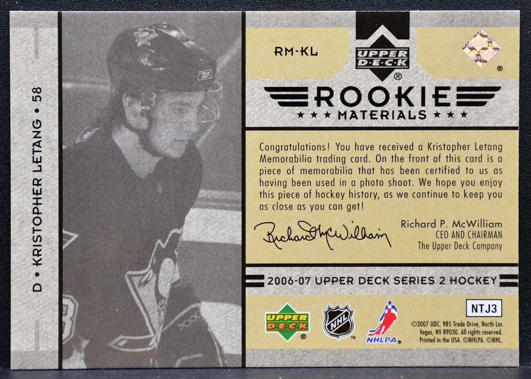 2006-07 Upper Deck Rookie Materials Kristopher Letang RM-KL Penguins RC 1704