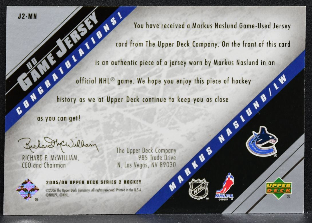 2005-06 Upper Deck Series 2 UD Game Jerseys Markus Naslund Canucks Jersey 2242