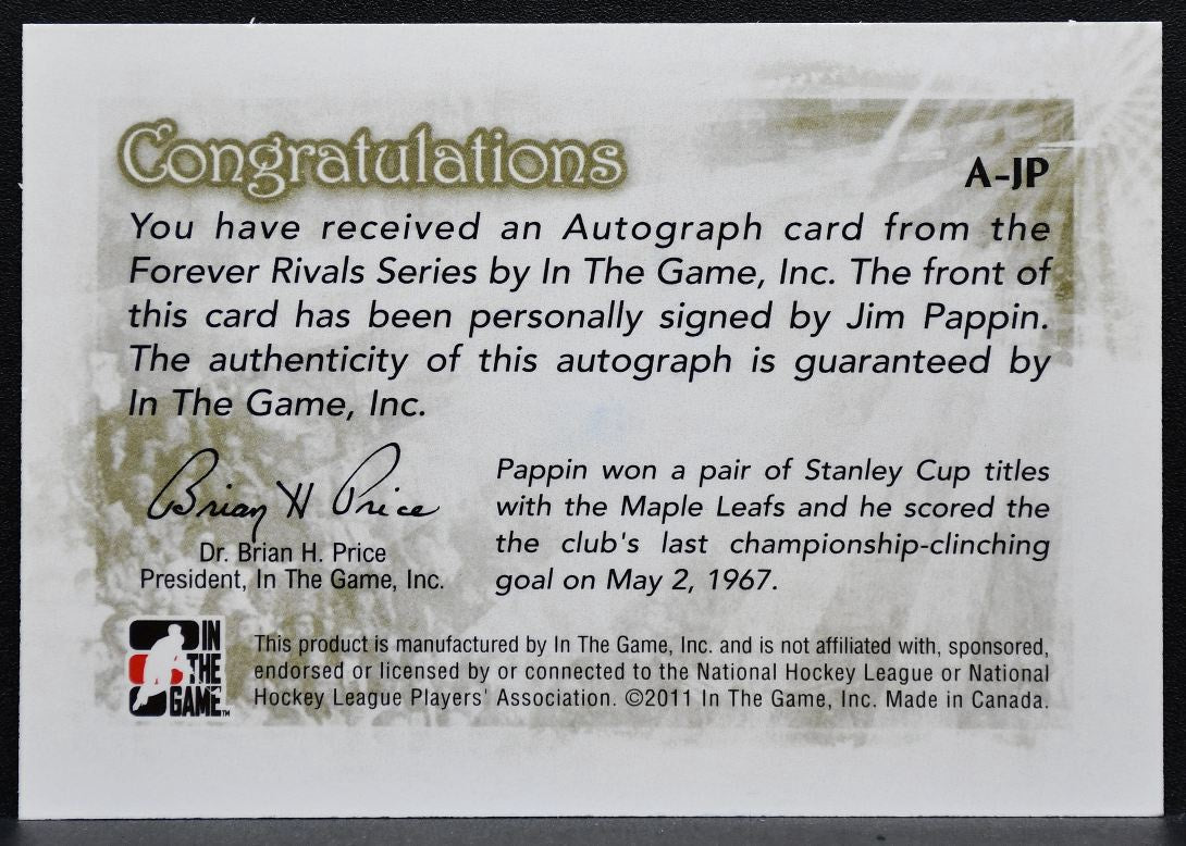 2011-12 In The Game Forever Rivals Autographs Jim Pappin Maple Leafs Auto 9688