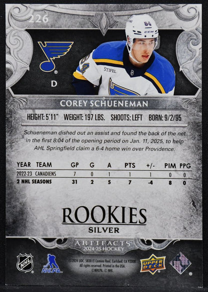 2024-25 UD Artifacts Rookies Silver Corey Schueneman 226 St. Louis Blues RC /899