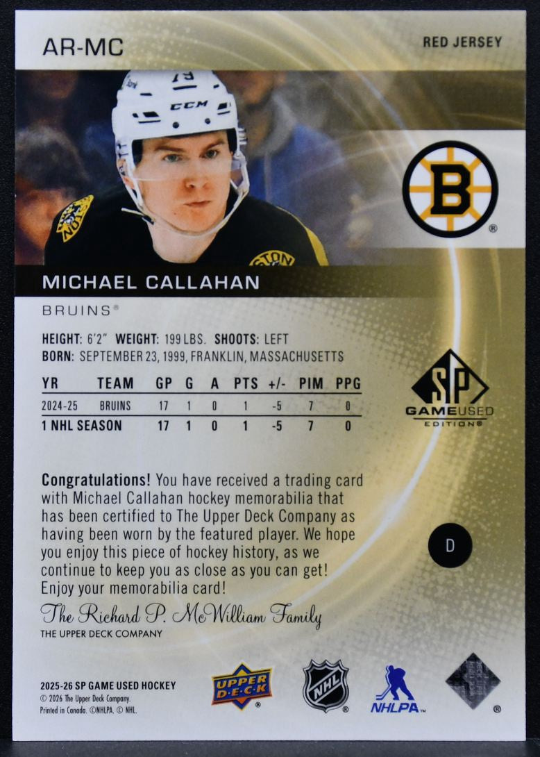 2025-26 SP Game Used Authentic Rookies Red Jersey Callahan RC Jersey 0121