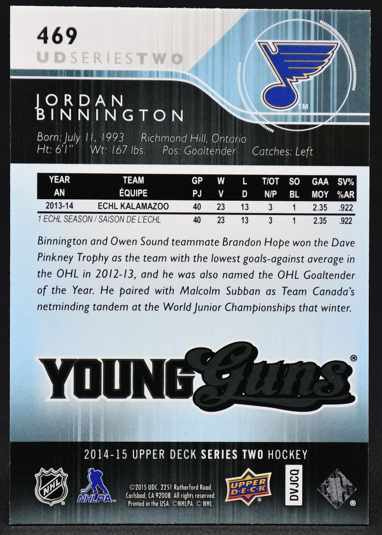 2014-15 UD Series 2 Young Guns Jordan Binnington 469 RC