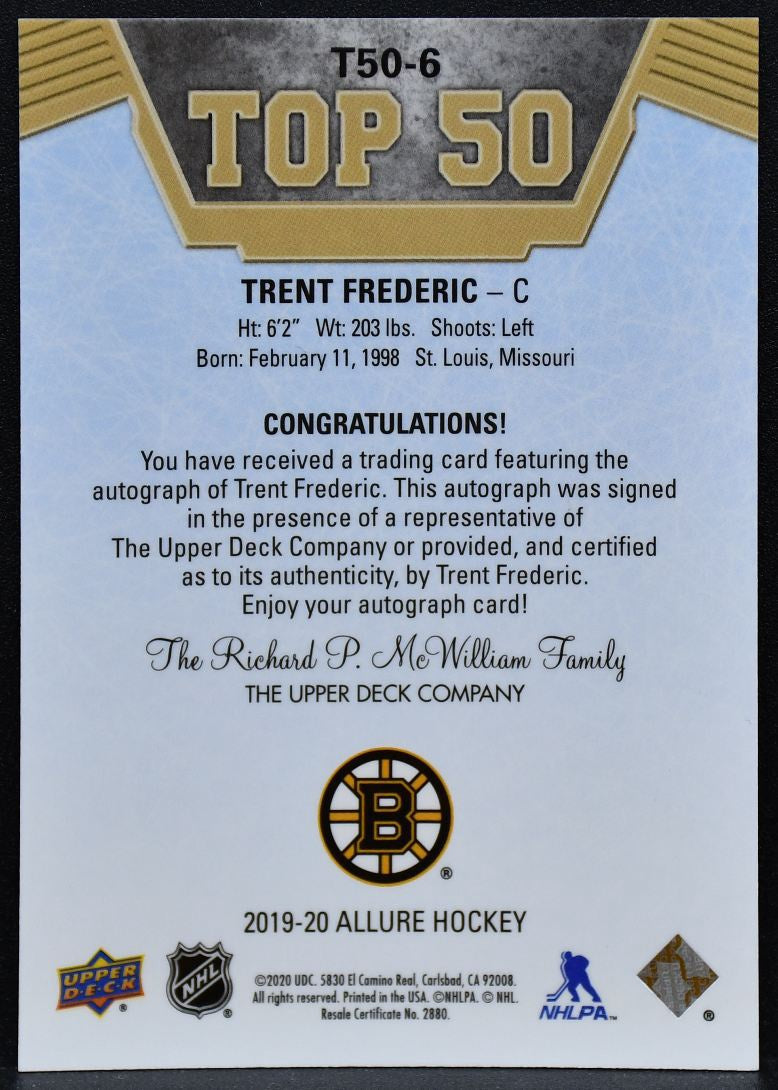 2019-20 UD Allure Top 50 Blue Autographs Trent Frederic T50-6 Bruins Auto 5460
