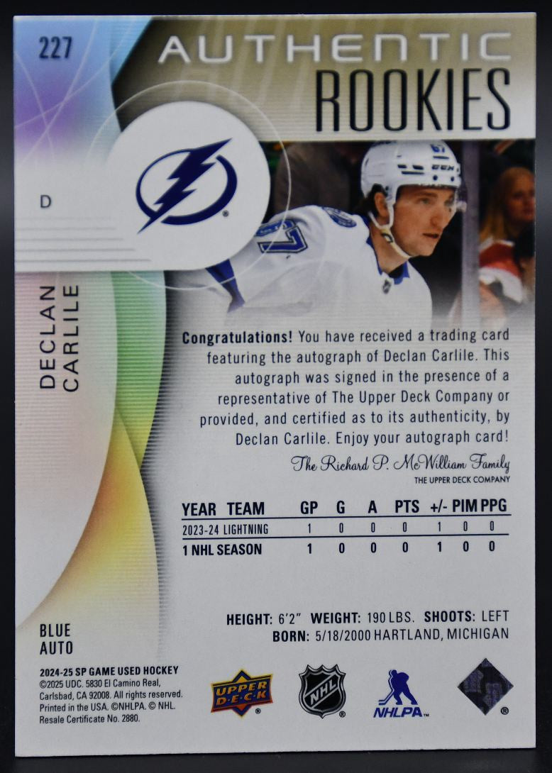 2024-25 SP Game Used Declan Carlile 227 Tampa Bay Lightning RC Auto
