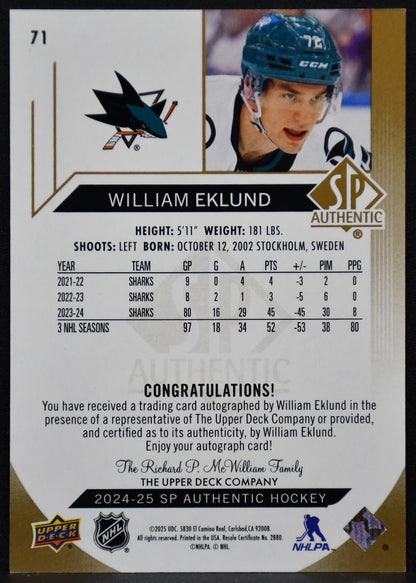 2024-25 SP Authentic Limited Auto William Eklund 71 San Jose Sharks Auto 0817