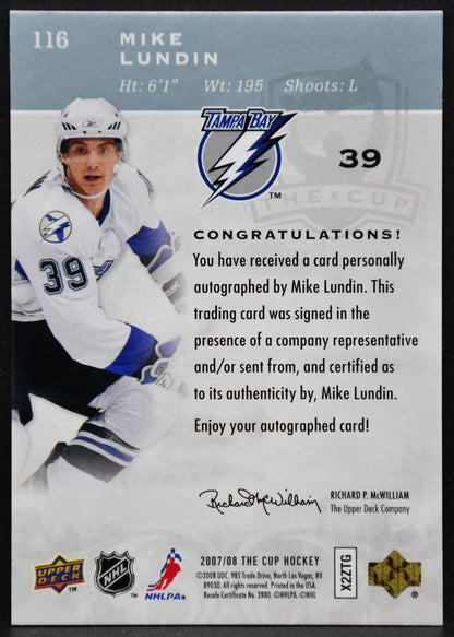 2007-08 Upper Deck The Cup Autographed Rookie Mike Lundin 116 RC Auto 3825