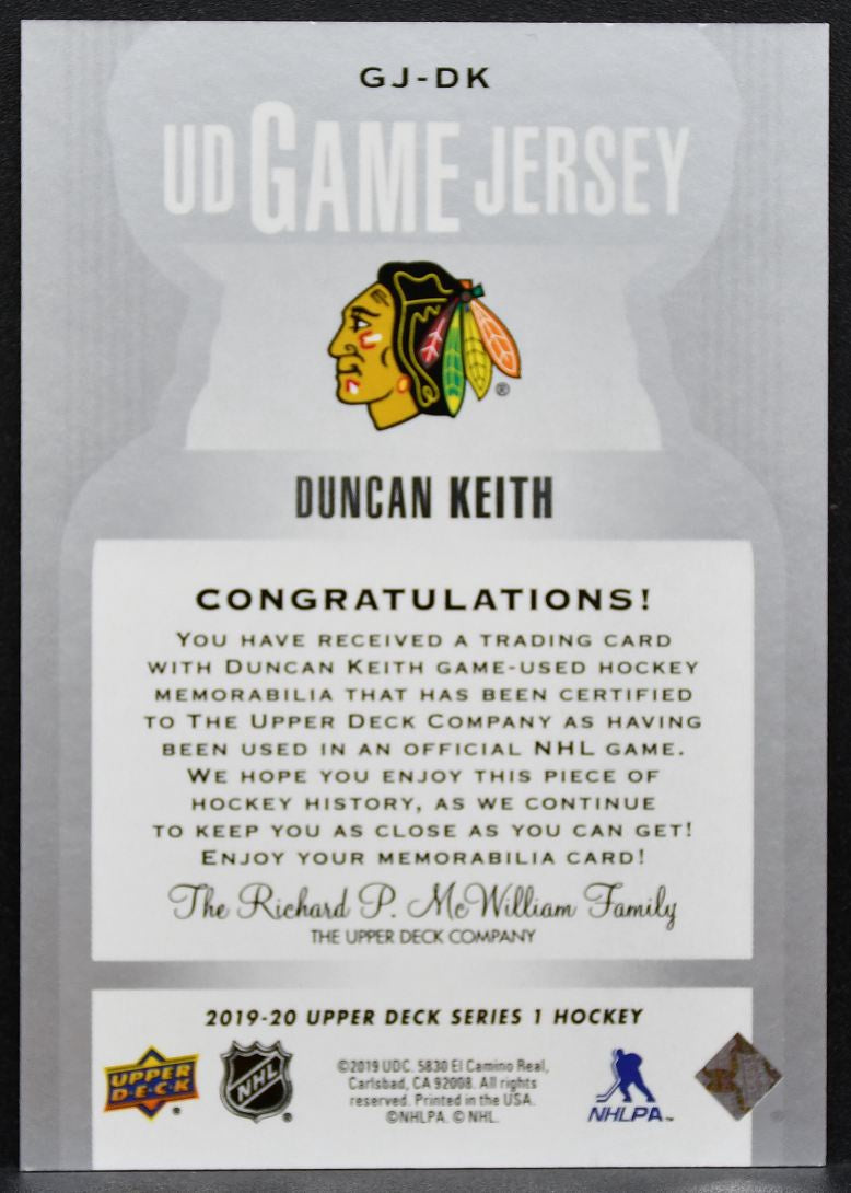 2019-20 Upper Deck Series 1 UD Game Jerseys Duncan Keith Blackhawks Jersey 3189