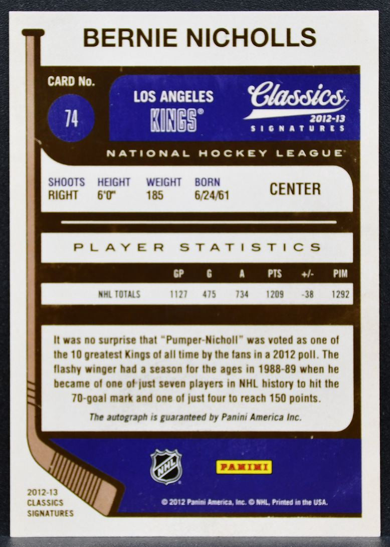 2012-13 Panini Classics Signatures Nicholls 74 Los Angeles Kings Auto 0911