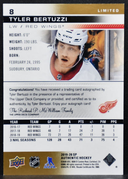 2019-20 SP Authentic Limited Auto Tyler Bertuzzi 8 Detroit Red Wings Auto 3753