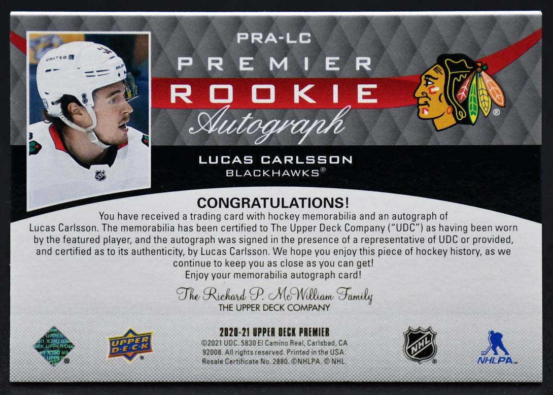 2020-21 UD Premier Rookie Autographes Carlsson PRA-LC RC Auto 69/99 Maillot