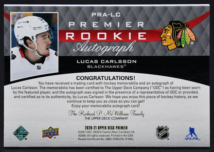 2020-21 UD Premier Rookie Autographes Carlsson PRA-LC RC Auto 69/99 Maillot