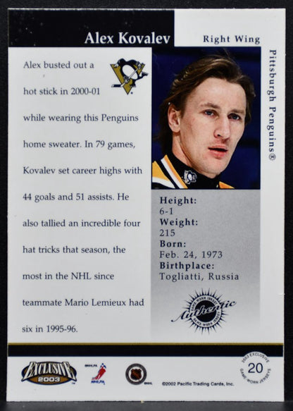 2002-03 Pacific Exclusive Jersey Alexei Kovalev Pittsburgh Penguins Jersey 7799