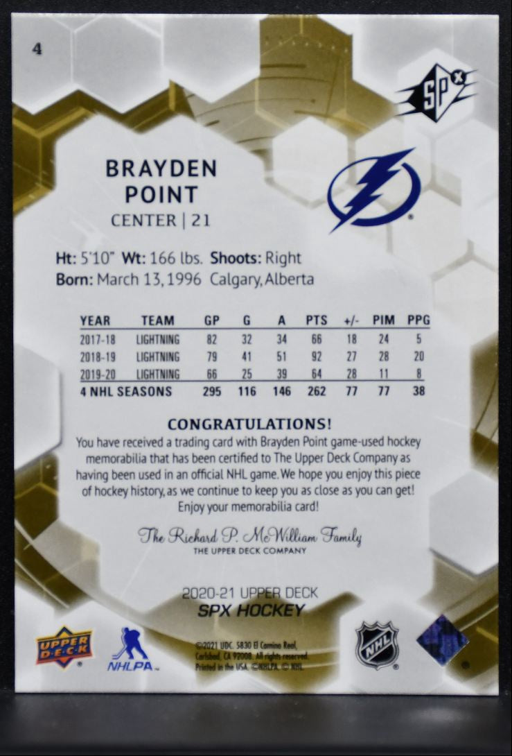 2020-21 SPx Jersey Brayden Point 4 Tampa Bay Lightning Jersey 1434
