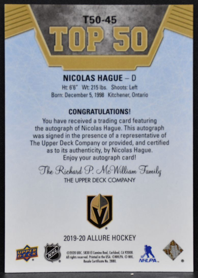 2019-20 Upper Deck Allure Top 50 Blue Autographs Nicolas Hague T50-45 Auto 4952