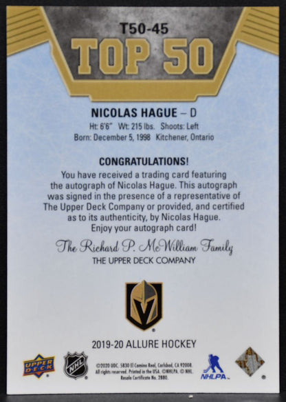 2019-20 Upper Deck Allure Top 50 Blue Autographs Nicolas Hague T50-45 Auto 4952