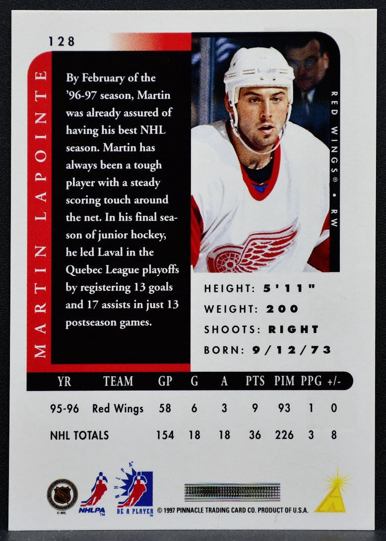1996-97 Pinnacle Be a Player Autographs Martin Lapointe 128 Red Wings Auto 1575