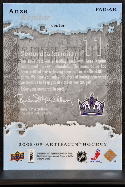2008-09 UD Artifacts Frozen Dual Silver Anze Kopitar Kings 076/100 Jersey 1099