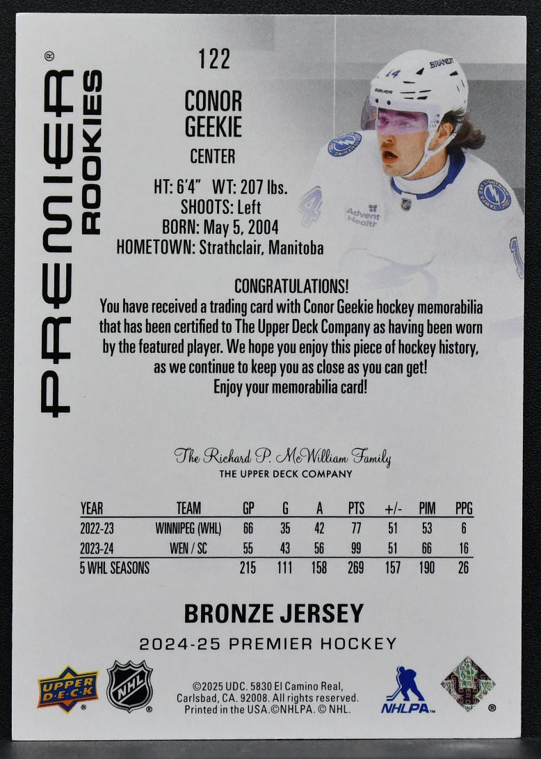 24-25 UD Premier RC Bronze Jersey Conor Geekie 122 Tampa Bay Lightning RC Jersey 7871